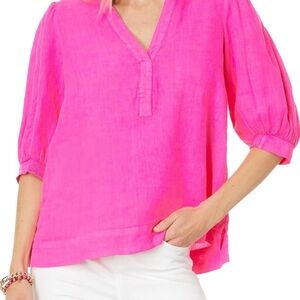 Lilly Pulitzer pink Mialeigh elbow sleeve linen top
